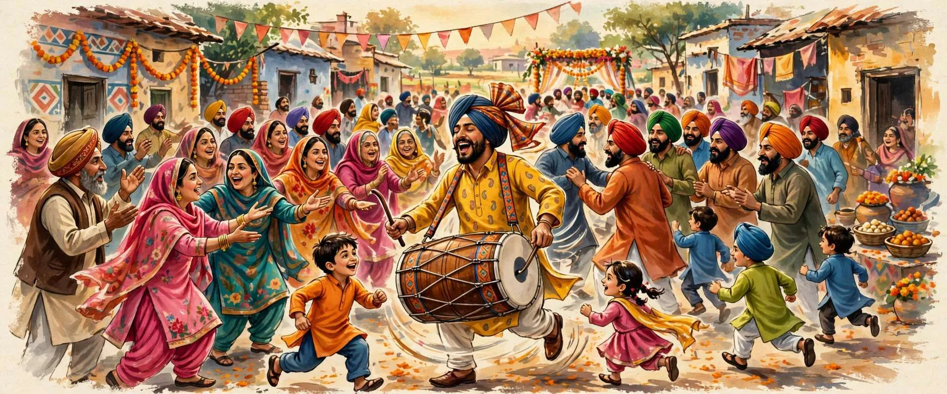 Illustration of a noisy joyful Punjabi wedding crowd around a dhol player in a village street