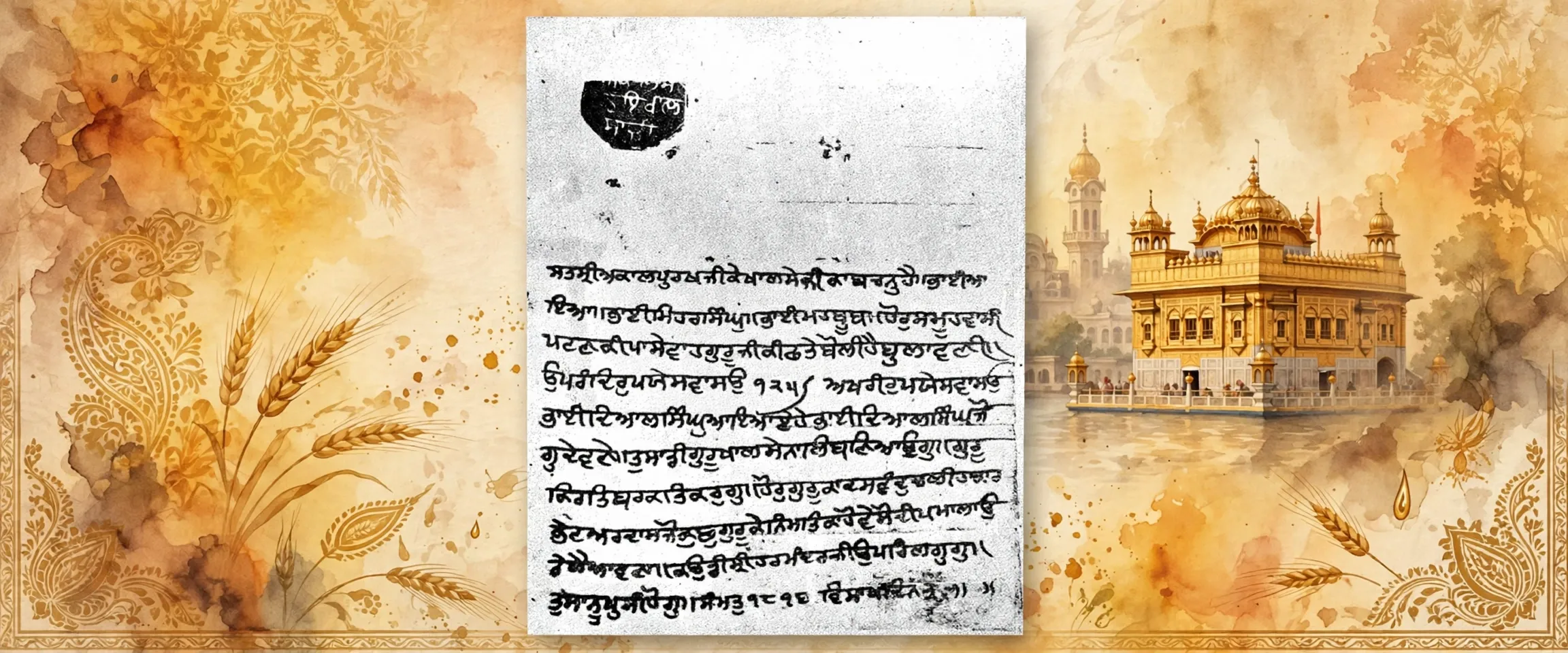 AI-generated editorial design for Jugti, incorporating original photograph of the 1759 hukamnama requesting dasvandh donations to rebuild Sri Harmandir Sahib (public domain)