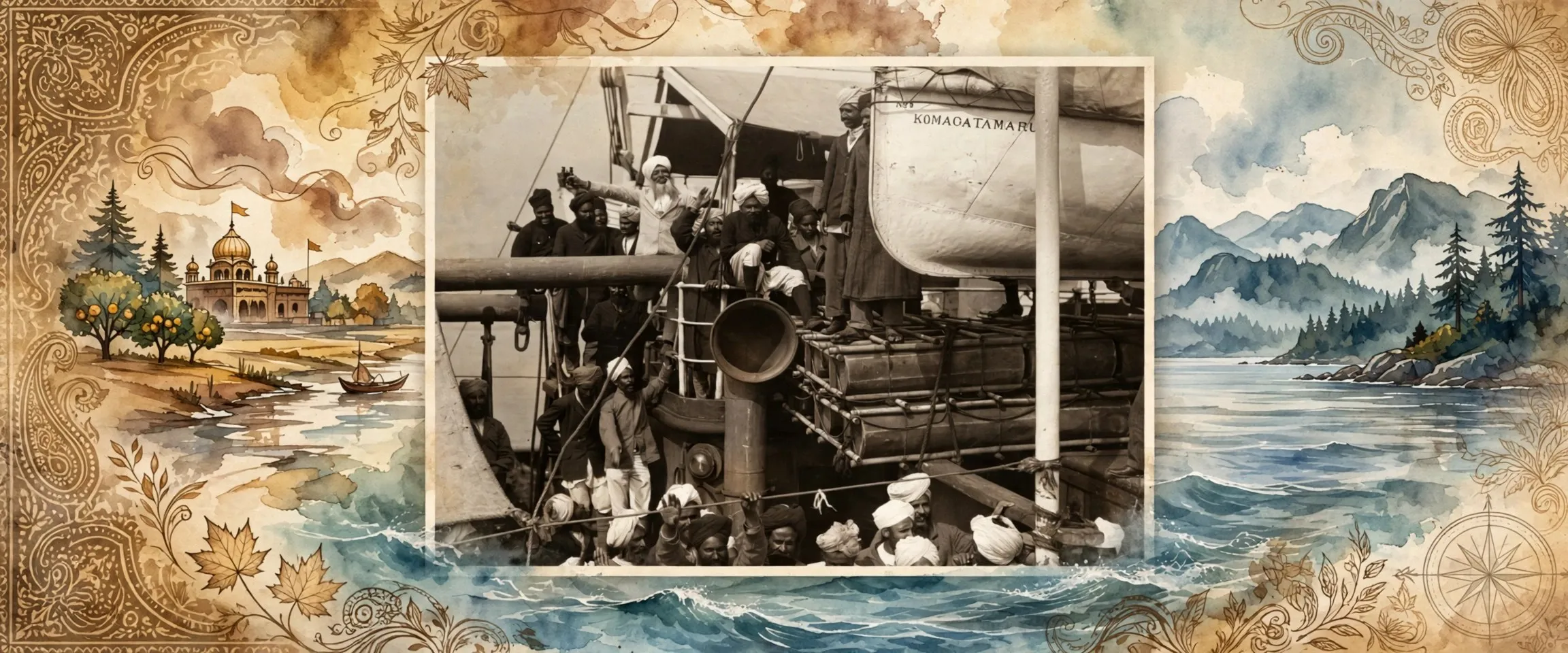 AI-generated editorial design for Jugti, incorporating original photograph of Baba Gurdit Singh aboard the Komagata Maru by Canadian Photo Company, Vancouver Public Library (Public Domain)