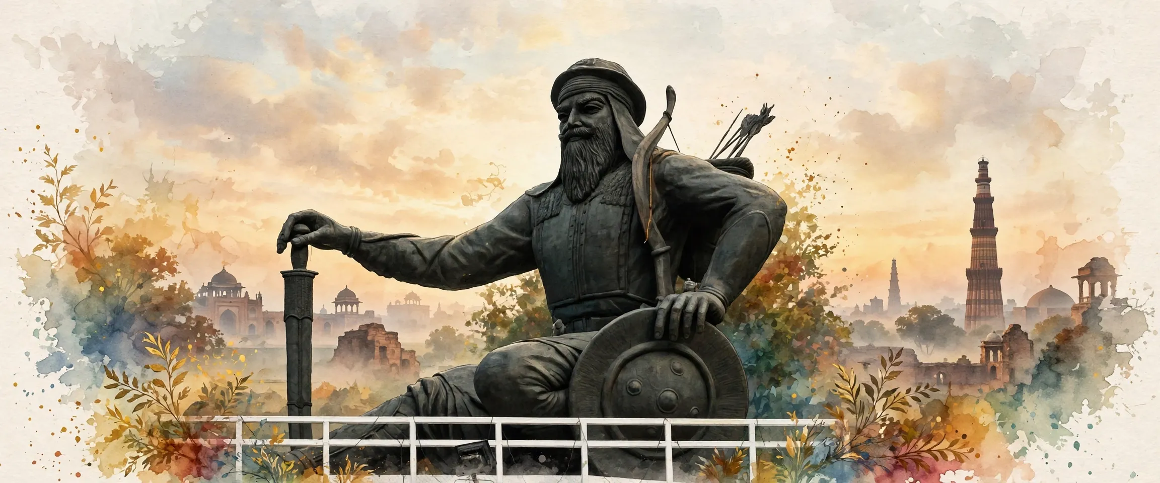 AI-generated editorial design for Jugti, incorporating original photograph of the statue of Baba Banda Singh Bahadur in Delhi by Ji-Elle (CC BY-SA 4.0)