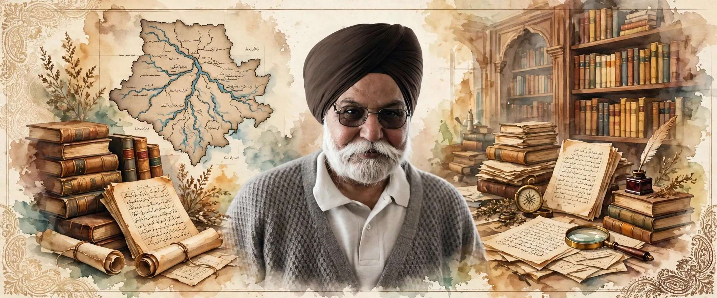 AI-generated editorial design for Jugti, incorporating original photograph of Jagtar Singh Grewal by Amarjit Chandan (CC BY 4.0)