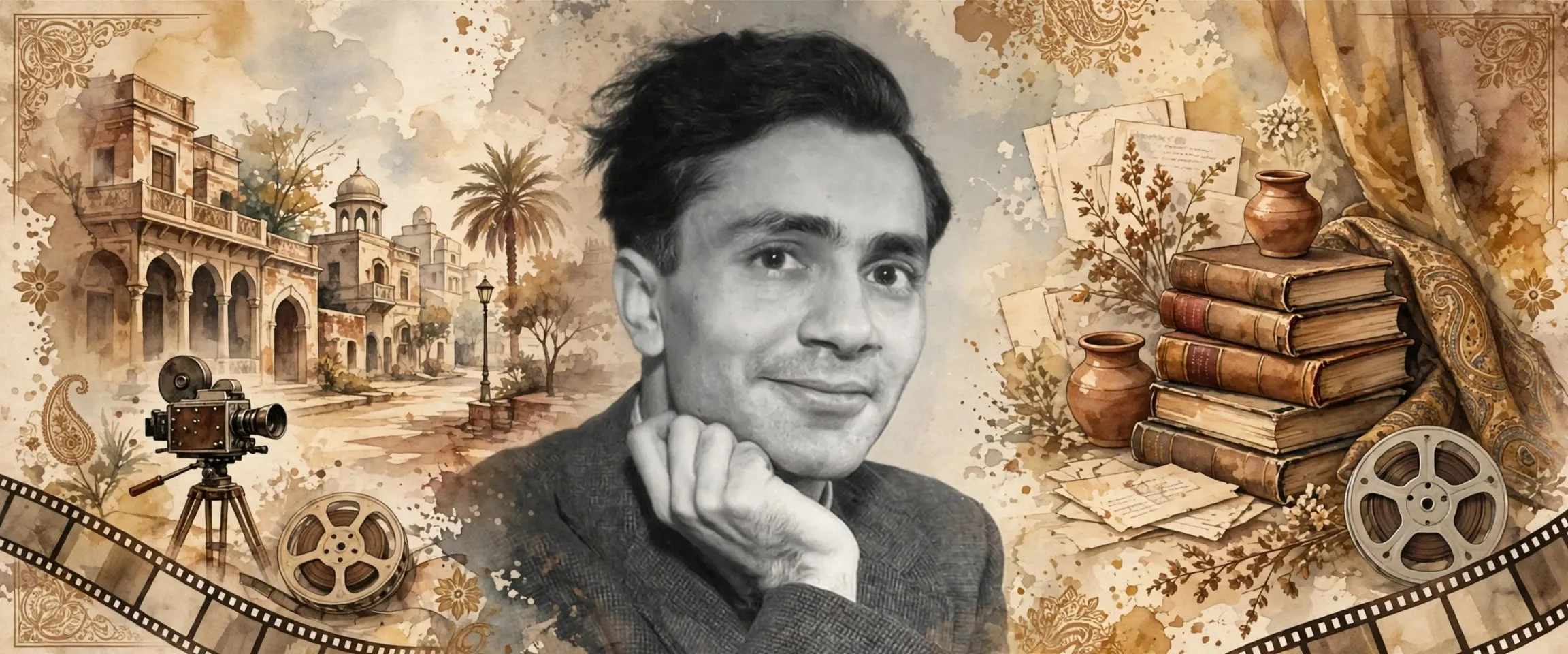 AI-generated editorial design for Jugti, incorporating original photograph of Balraj Sahni by an anonymous photographer (public domain)