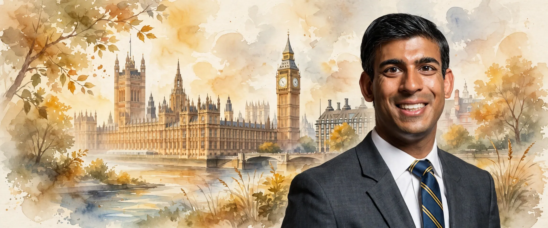 AI-generated editorial design for Jugti, incorporating original photograph of Rishi Sunak by Chris McAndrew (CC BY 3.0)