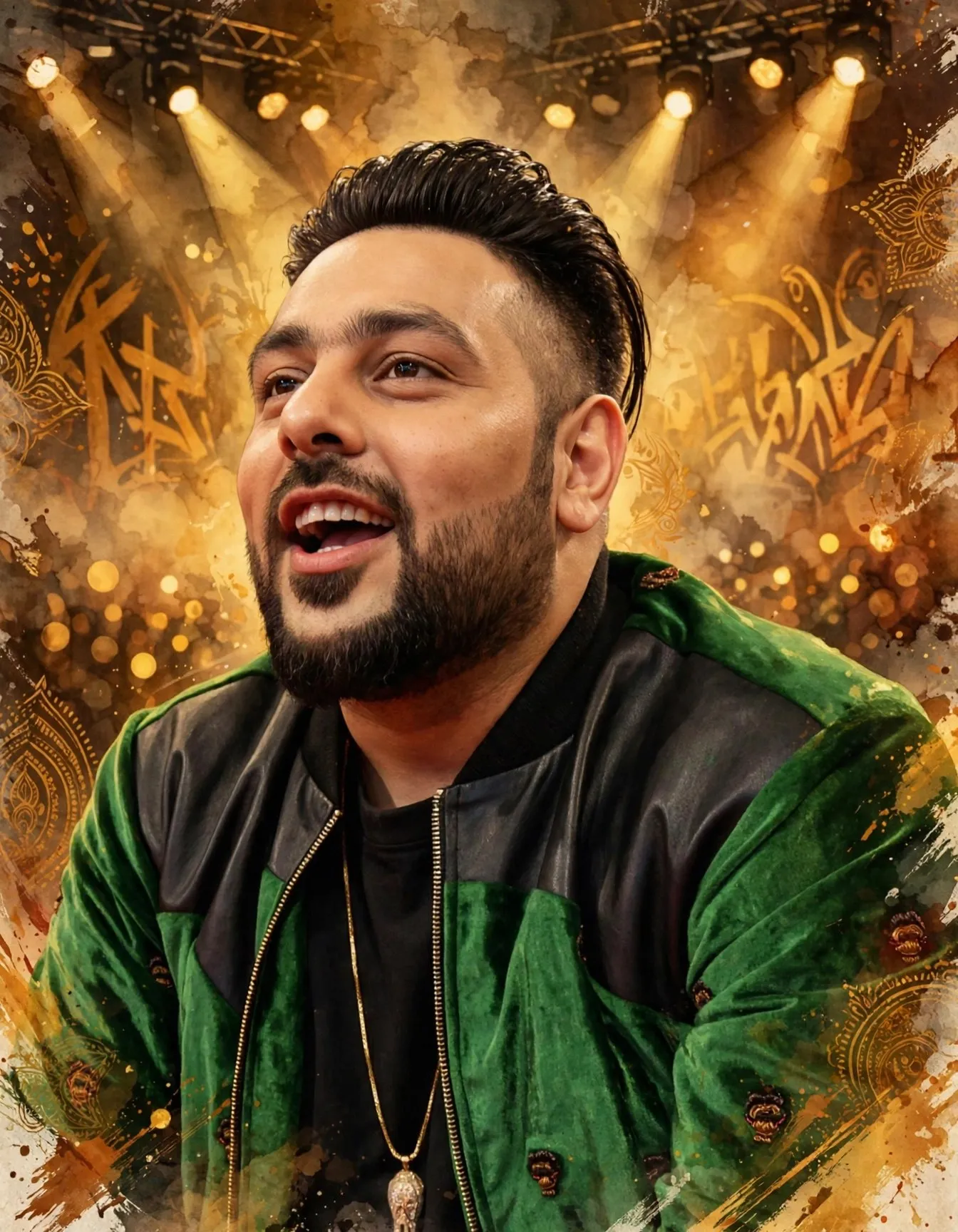 AI-generated editorial design for Jugti, incorporating original photograph of Badshah by Mirchi Plus (CC BY 3.0)