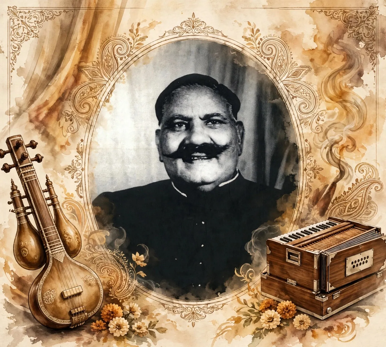 AI-generated editorial design for Jugti, incorporating original photograph of Bade Ghulam Ali Khan (public domain)
