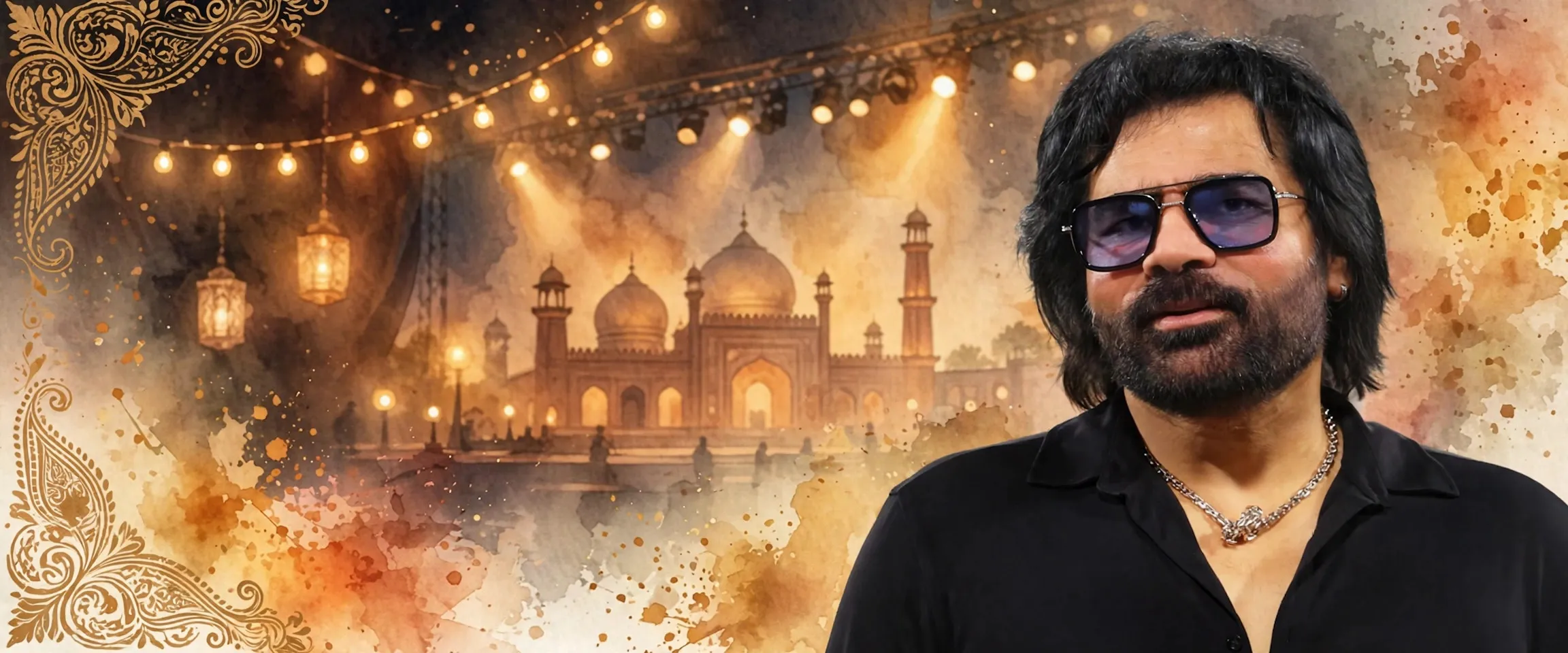 AI-generated editorial design for Jugti, incorporating original photograph of Shafqat Amanat Ali by Priyanka2330 (CC BY-SA 4.0)