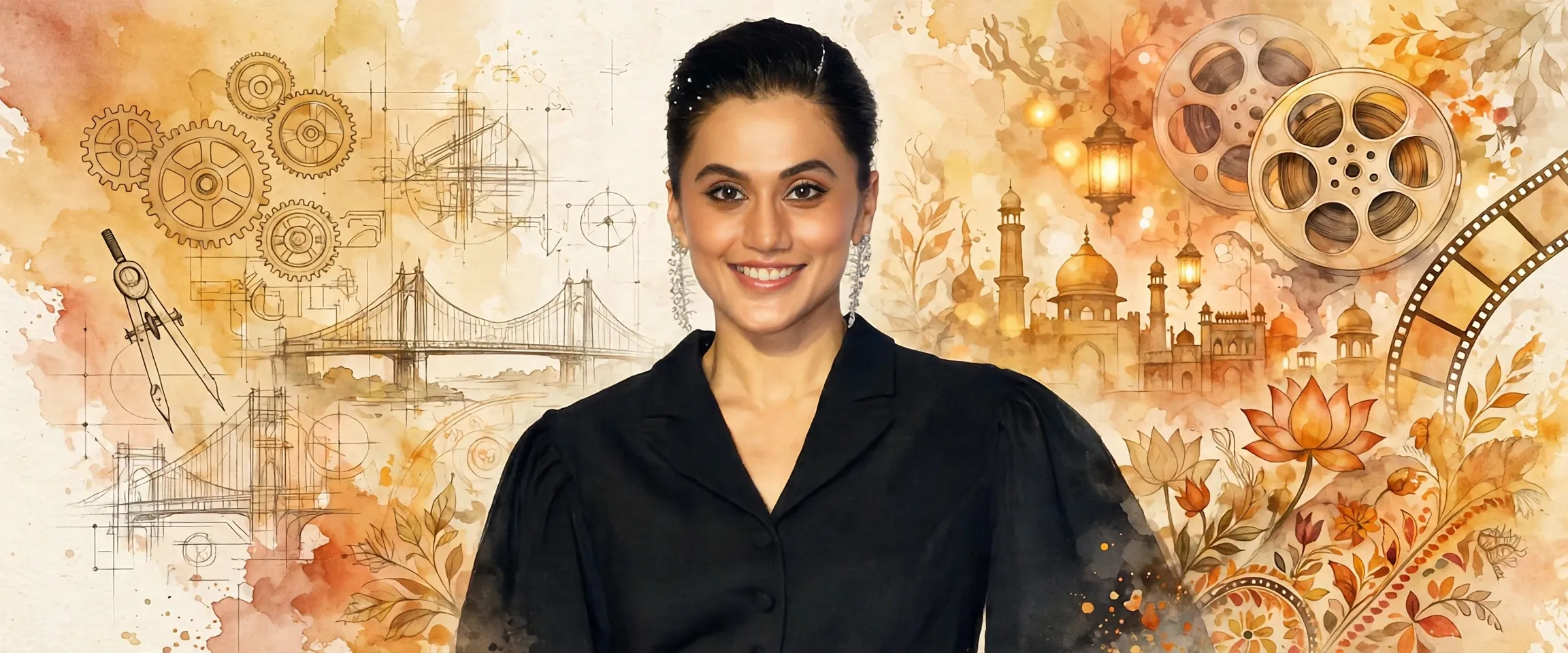 AI-generated editorial design for Jugti, incorporating original photograph of Taapsee Pannu by Bollywood Hungama (CC BY 3.0)