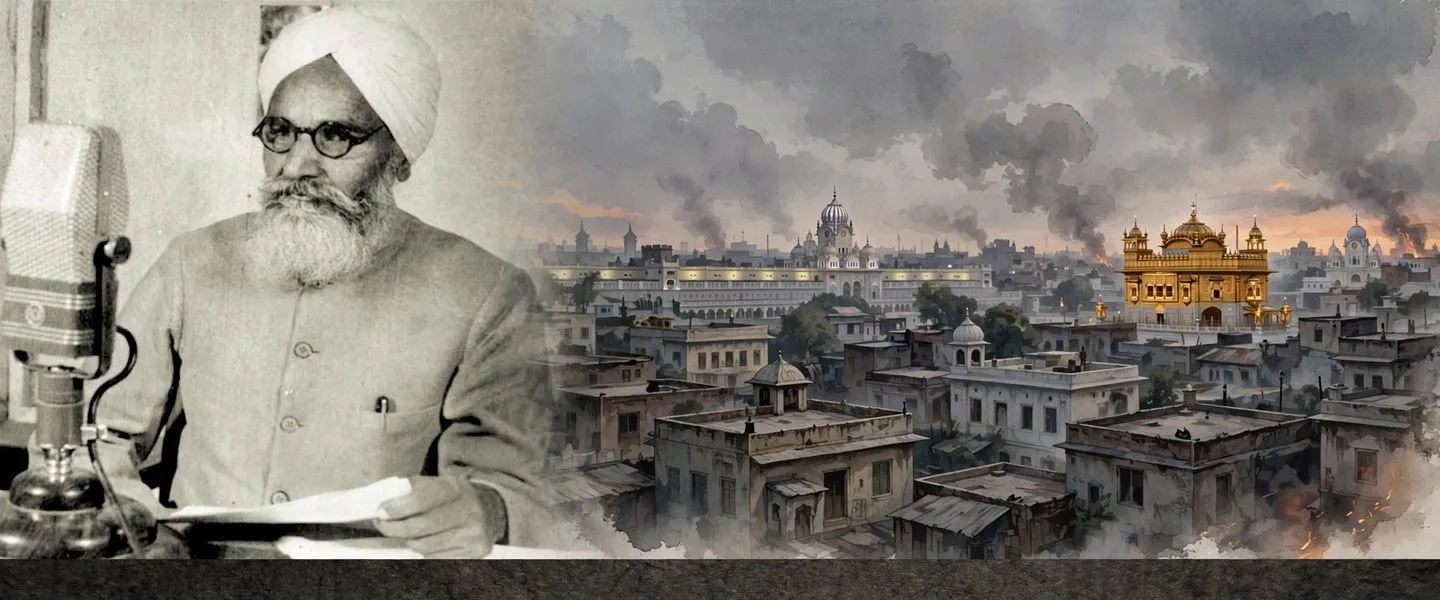 AI-generated editorial design for Jugti, incorporating original photograph of Nanak Singh (public domain)