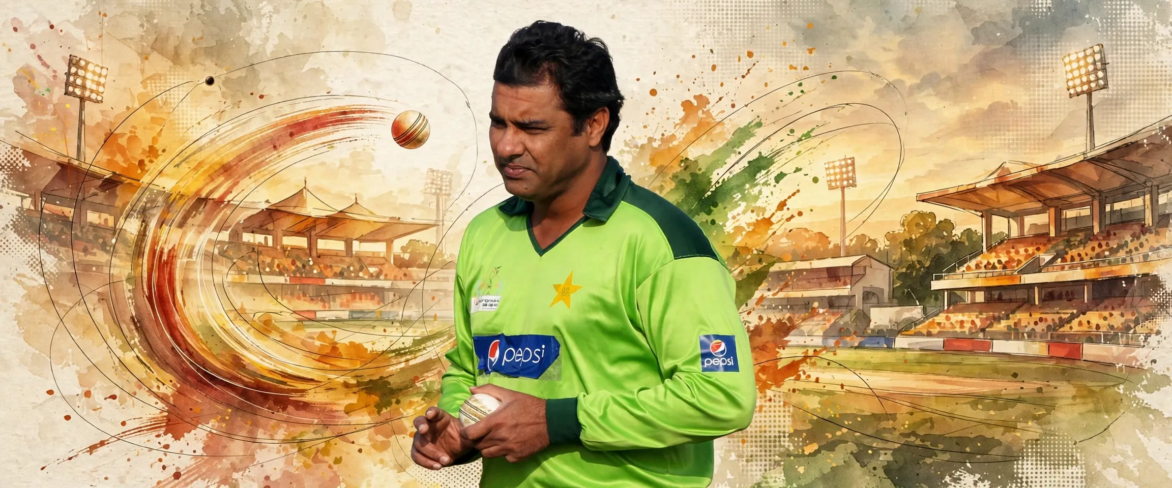AI-generated editorial design for Jugti, incorporating original photograph of Waqar Younis by Harrias (CC BY-SA 3.0)