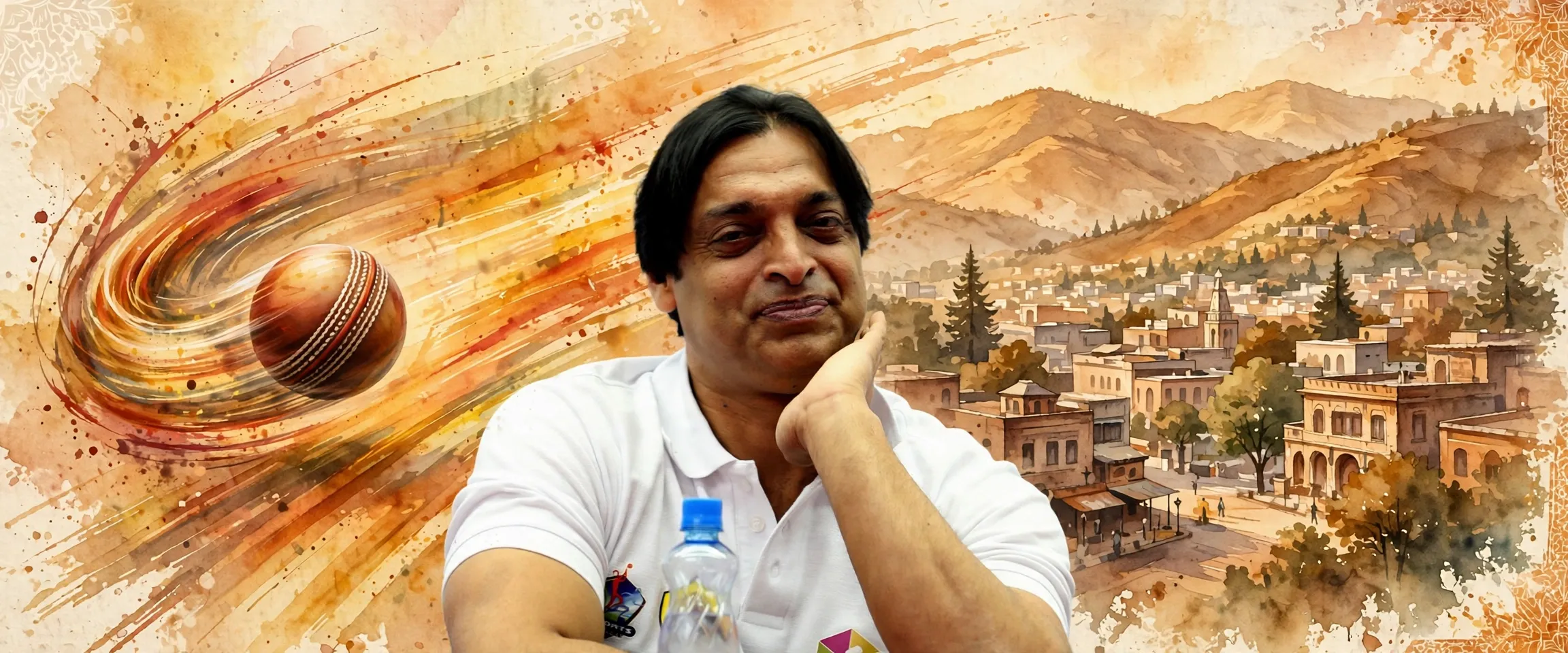 AI-generated editorial design for Jugti, incorporating original photograph of Shoaib Akhtar by Vinod Divakaran (CC BY 2.0)