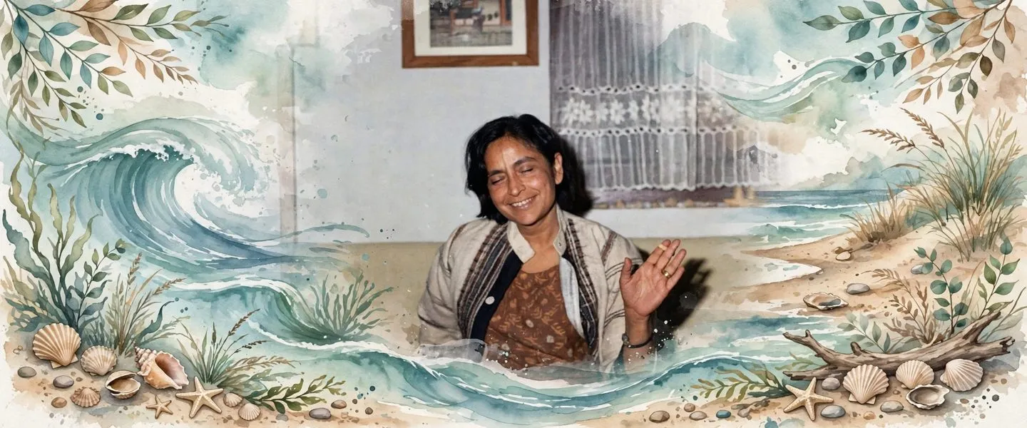 AI-generated editorial design for Jugti, incorporating original photograph of Amrita Pritam by Ravinder Ravi (CC BY-SA 4.0)