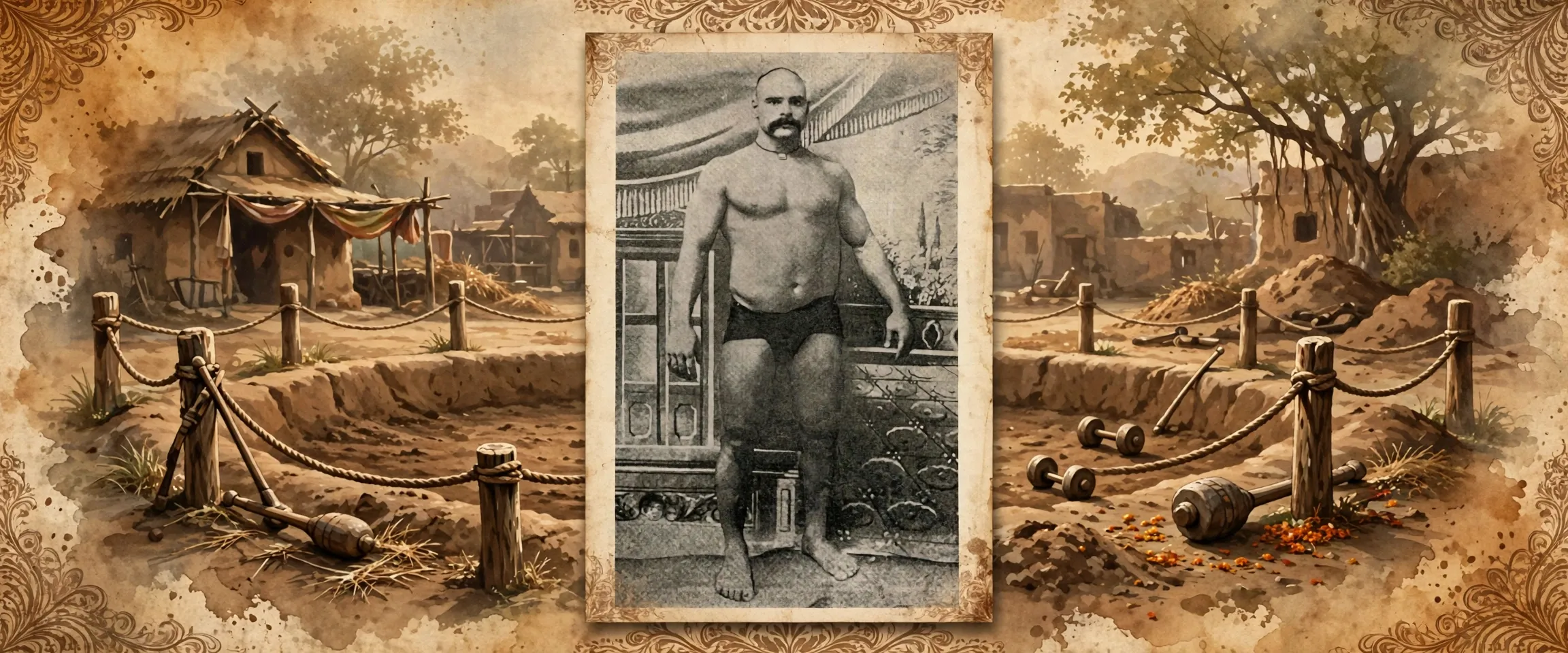 AI-generated editorial design for Jugti, incorporating original photograph of Gama Pehlwan by unknown photographer (public domain)