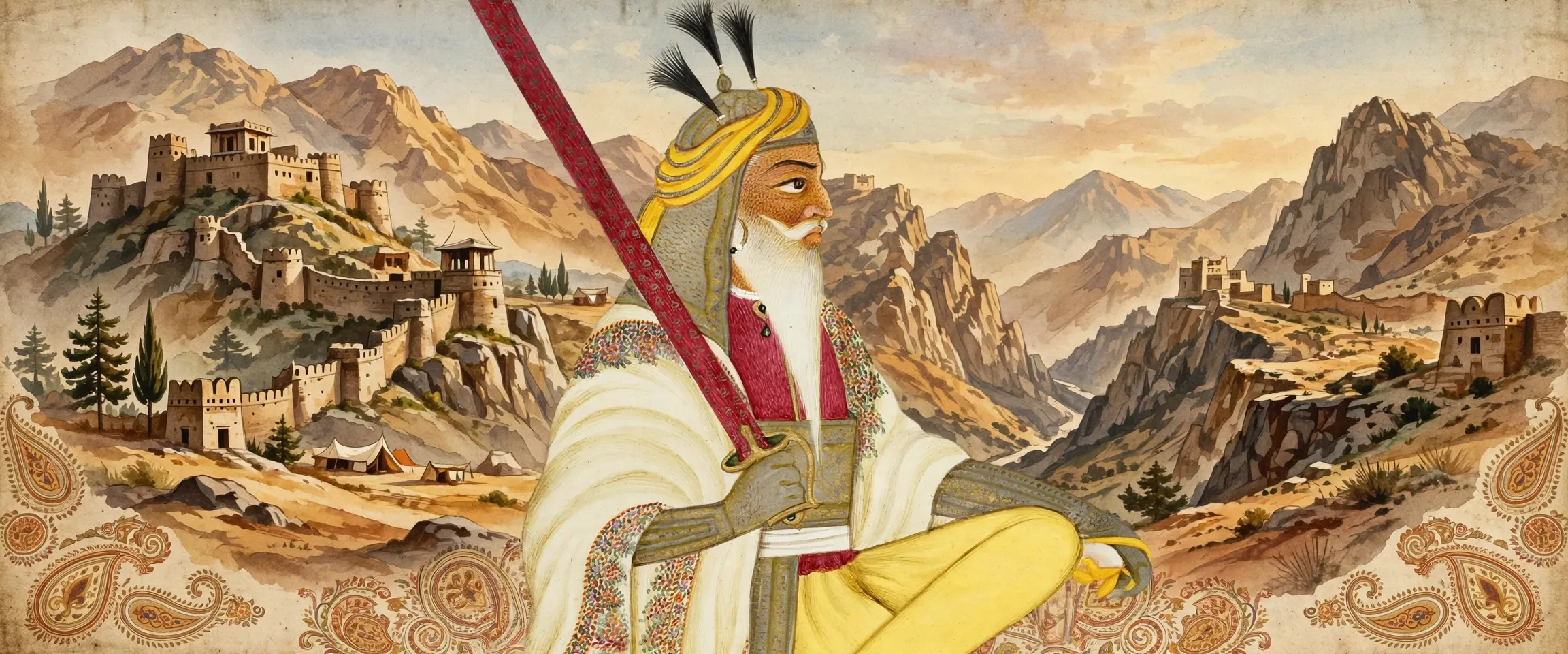 AI-generated editorial design for Jugti, incorporating historical artwork of Hari Singh Nalwa by Hasan al-Din, Lahore, ca.1845-50 (public domain)