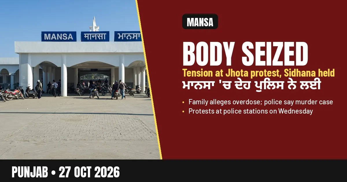 Breaking-news poster: Mansa tension as police seize body headed to Jhota protest