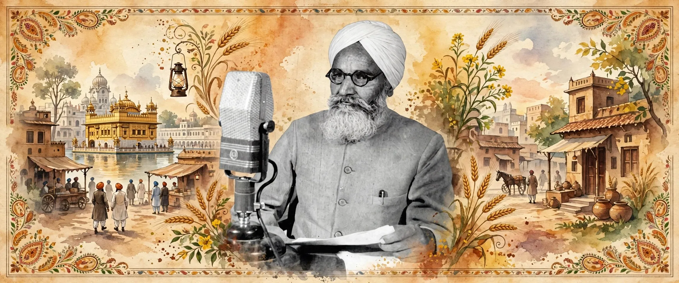 AI-generated editorial design for Jugti, incorporating original photograph of Nanak Singh by Anonymous (Public domain)
