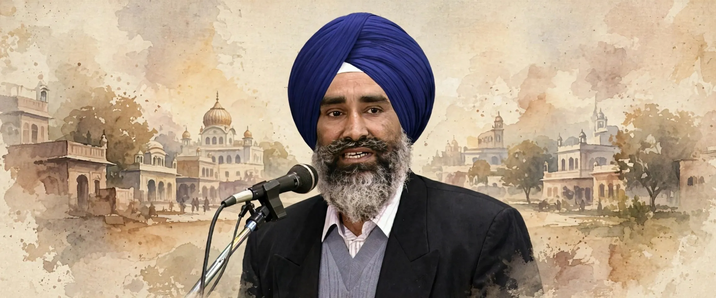 AI-generated editorial design for Jugti, incorporating original photograph of Jaswant Singh Khalra (public domain, via Wikimedia Commons)