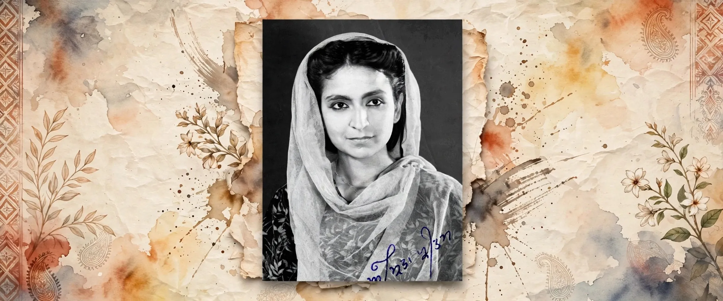 AI-generated editorial design for Jugti, incorporating original photograph of Amrita Pritam by Amarjit Chandan Collection (Public domain)