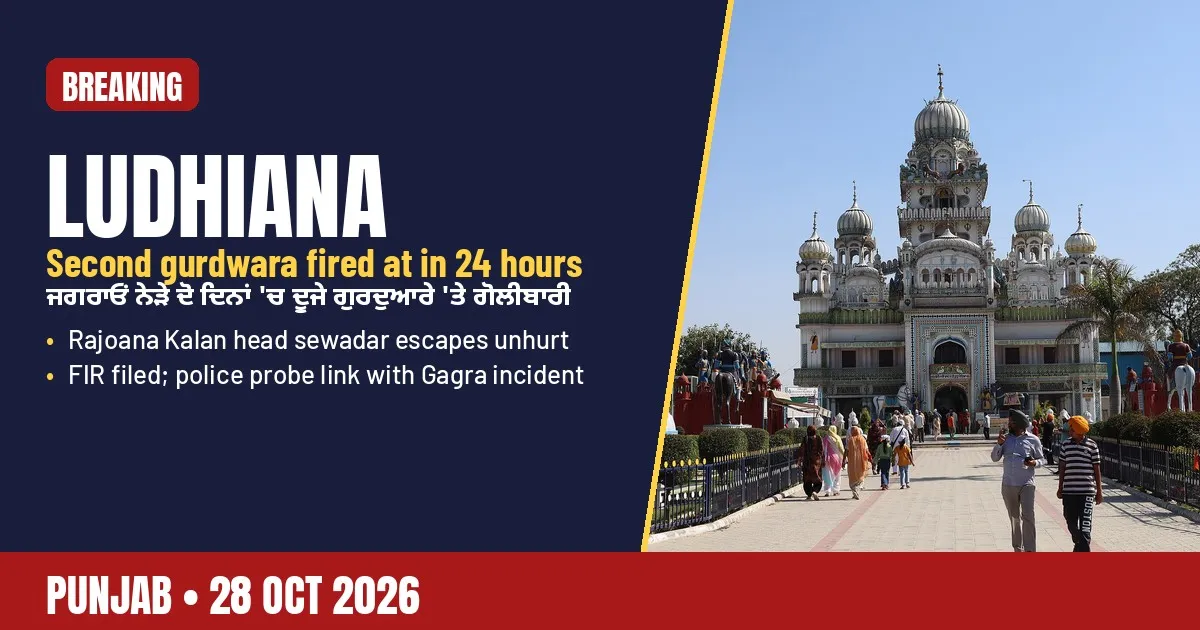 AI-generated editorial design for Jugti, incorporating an original photograph of a gurdwara in Ludhiana district