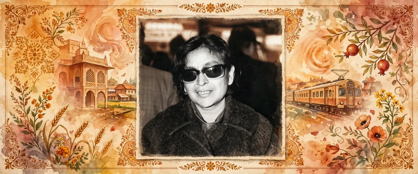 AI-generated editorial design for Jugti, incorporating original photograph of Amrita Pritam by Amarjit Chandan (CC BY-SA 4.0)