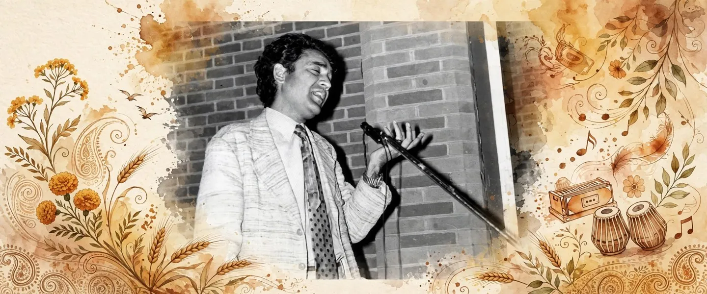 AI-generated editorial design for Jugti, incorporating original photograph of Shiv Kumar Batalvi by Amarjit Chandan (CC BY 4.0)