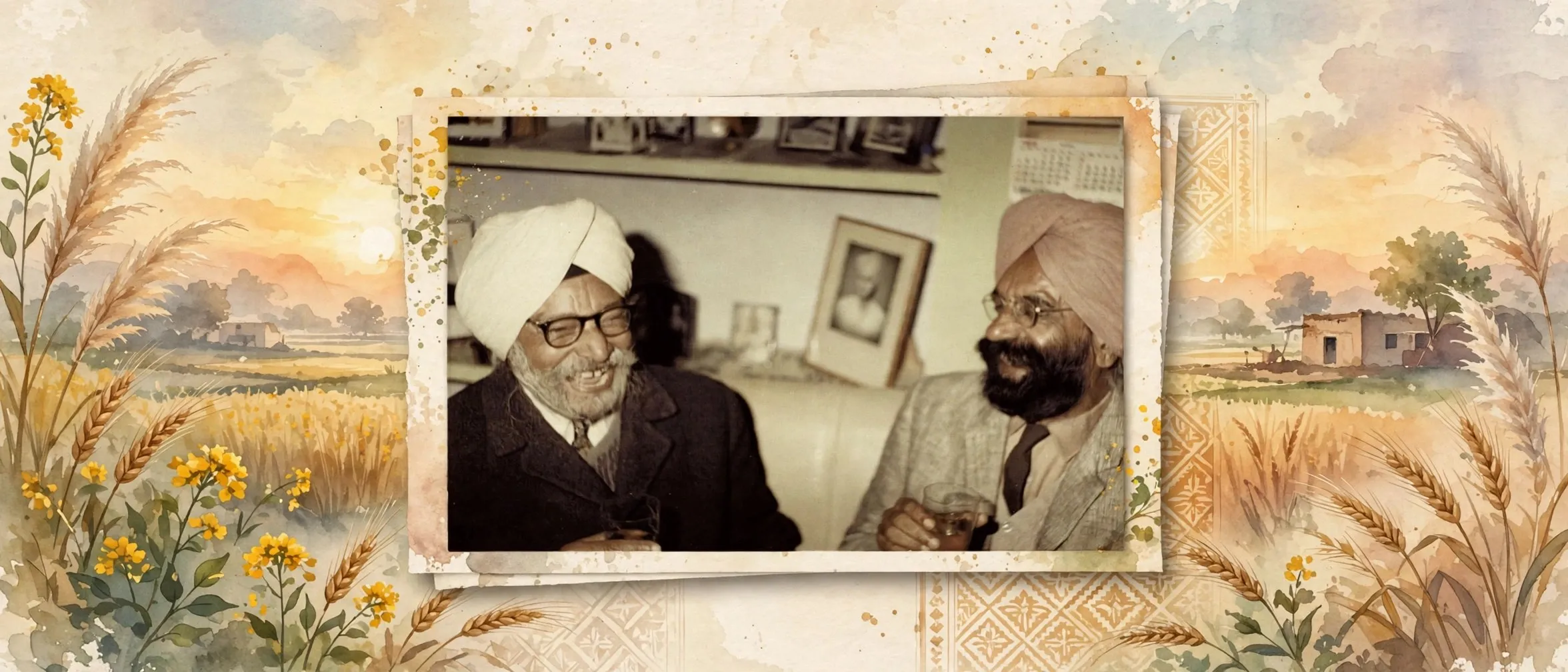AI-generated editorial design for Jugti, incorporating original photograph of Mohan Singh (left) with Sant Singh Sekhon at Jalandhar in 1969 by Ravinder Ravi (CC BY-SA 4.0)