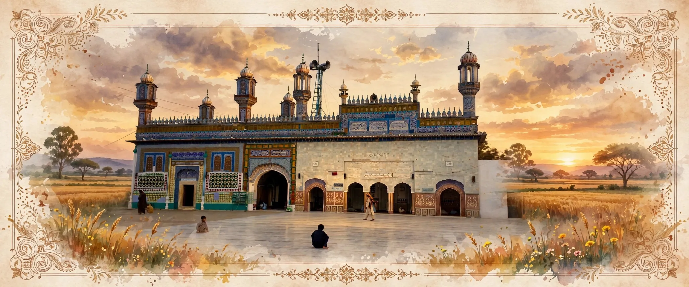 AI-generated editorial design for Jugti, incorporating original photograph of the shrine of Sultan Bahu at Jhang by Luckyaim (public domain)