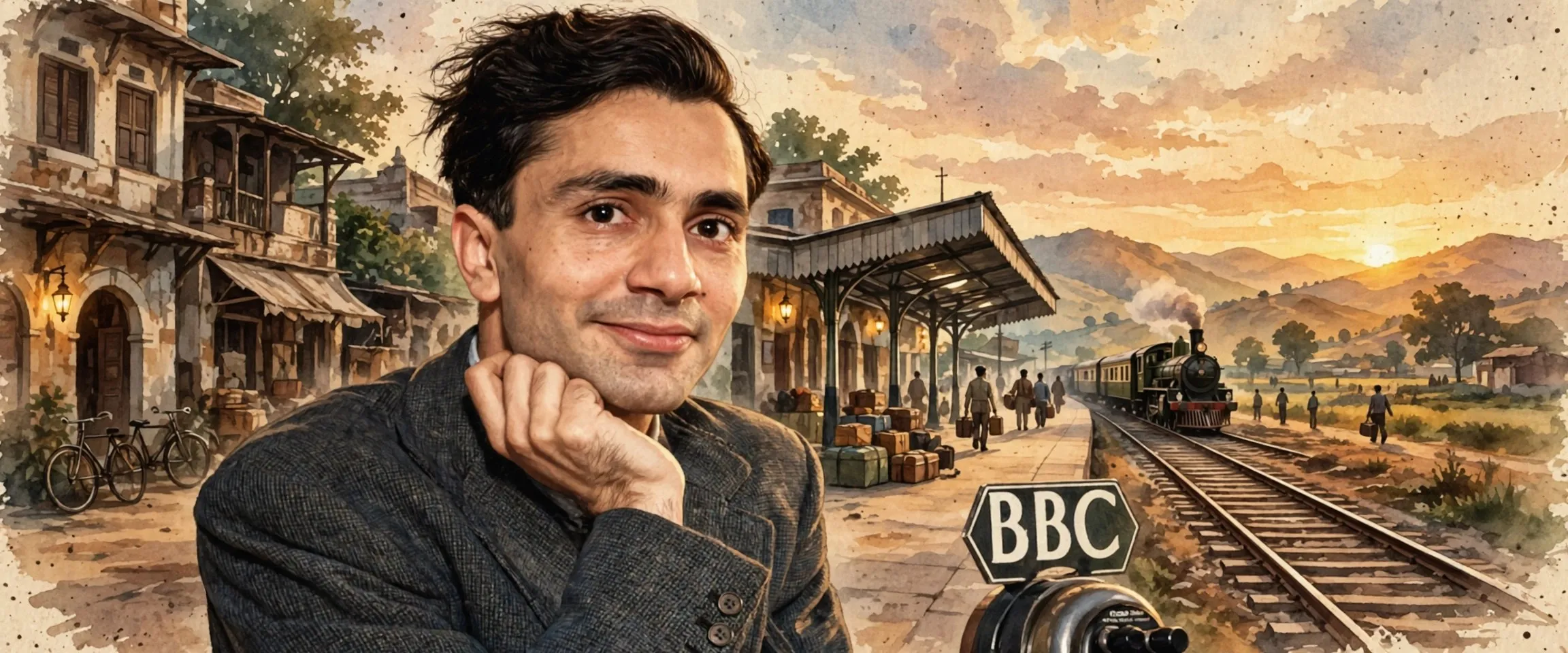 AI-generated editorial design for Jugti, incorporating original photograph of Balraj Sahni in London, c.1941, by an anonymous photographer (public domain)
