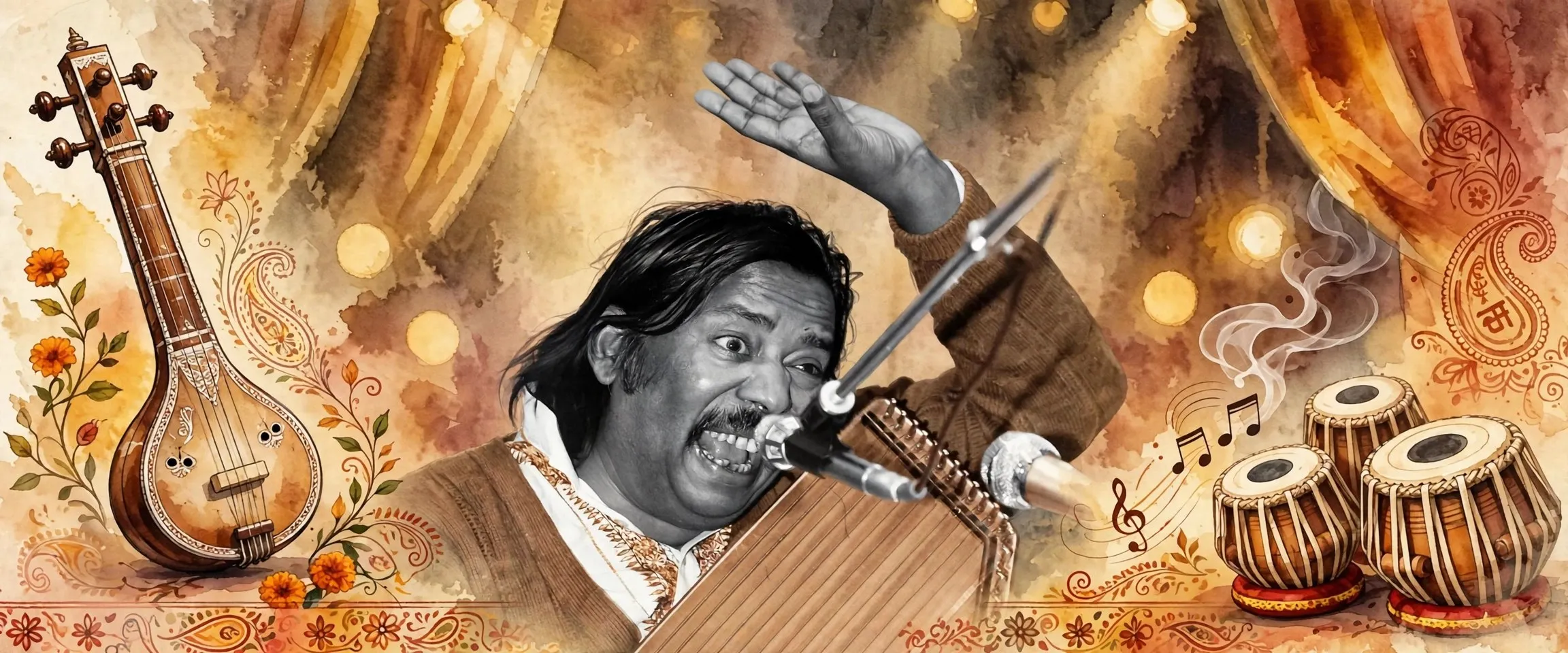 AI-generated editorial design for Jugti, incorporating original photograph of Salamat Ali Khan by Amarjit Chandan (CC BY 4.0)