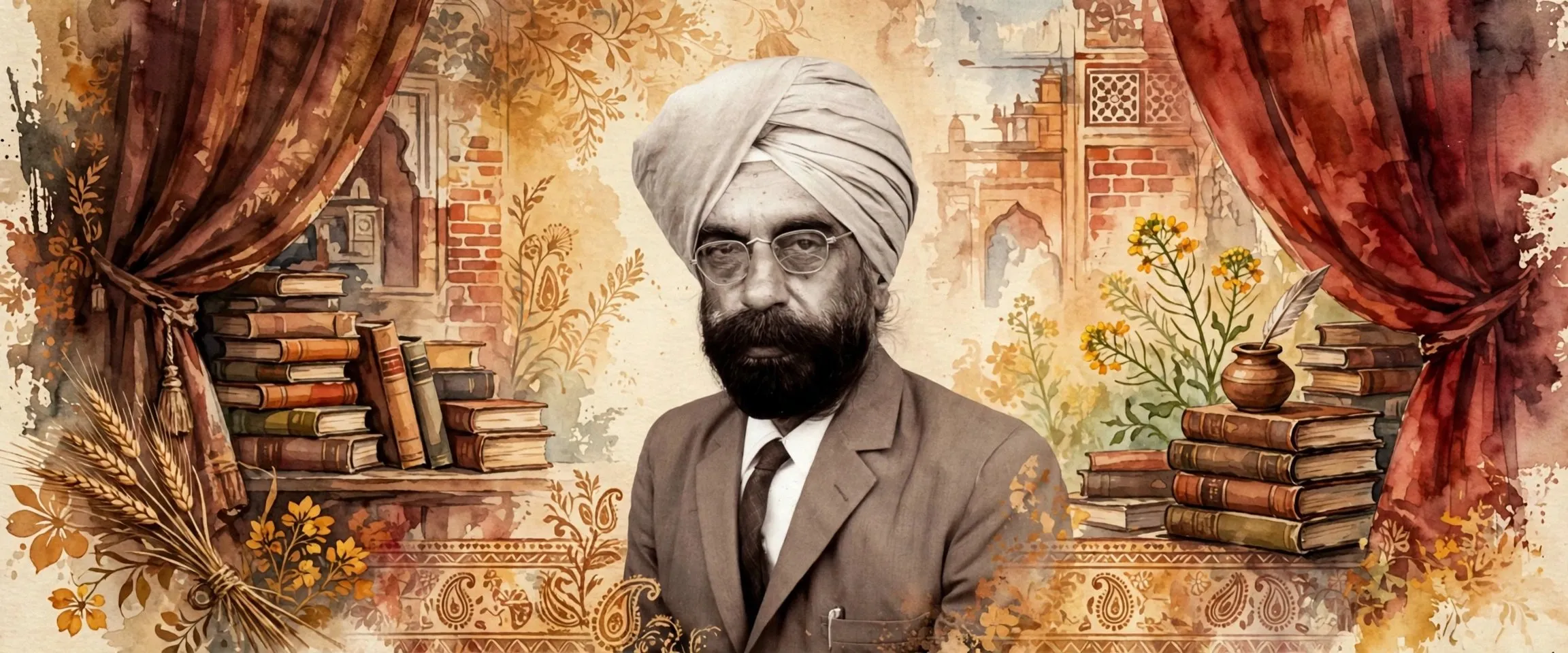 AI-generated editorial design for Jugti, incorporating original photograph of Sant Singh Sekhon by Amarjit Chandan (CC BY 4.0)