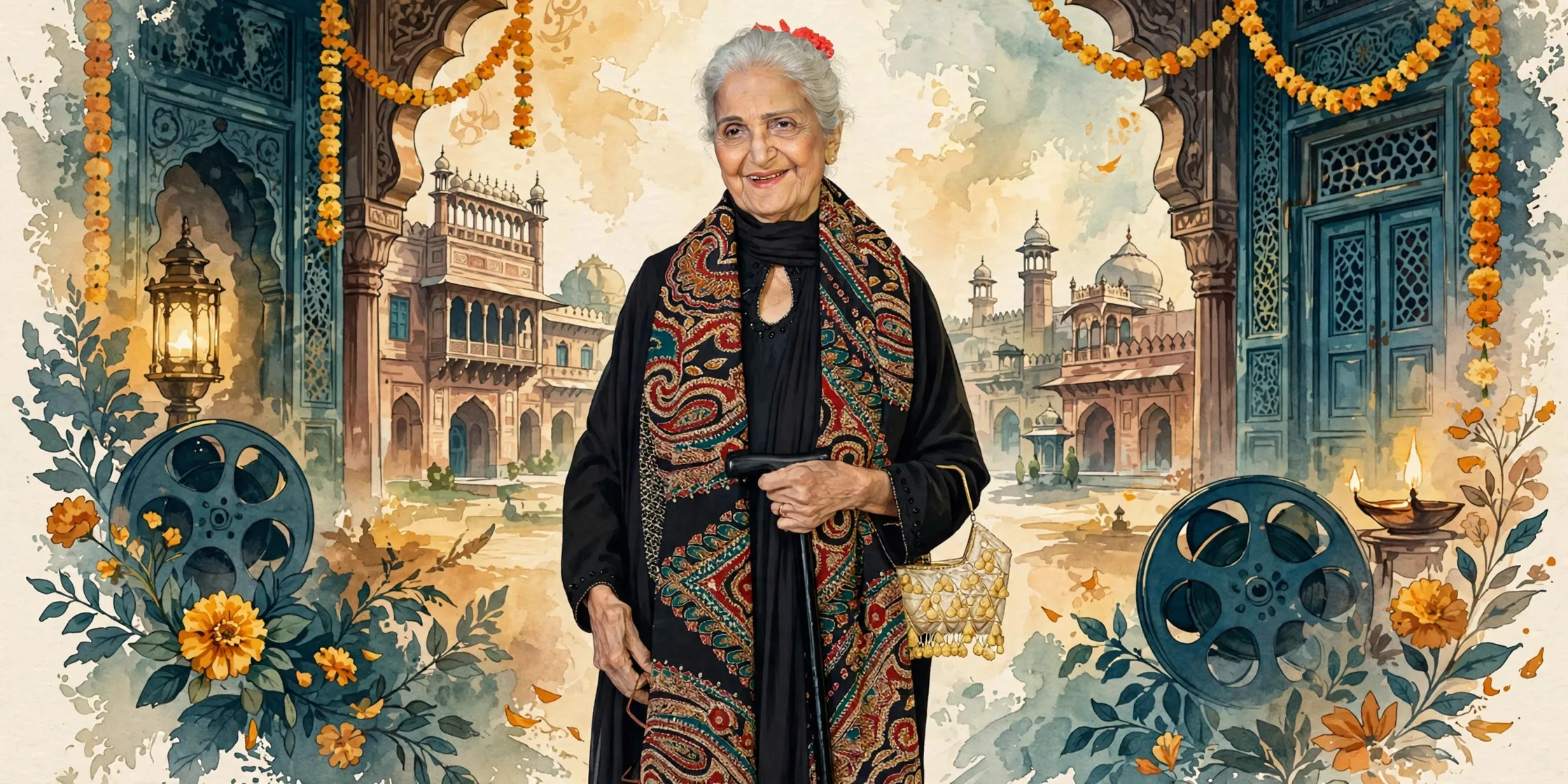 AI-generated editorial design for Jugti, incorporating original photograph of Kamini Kaushal by Bollywood Hungama (CC BY 3.0)