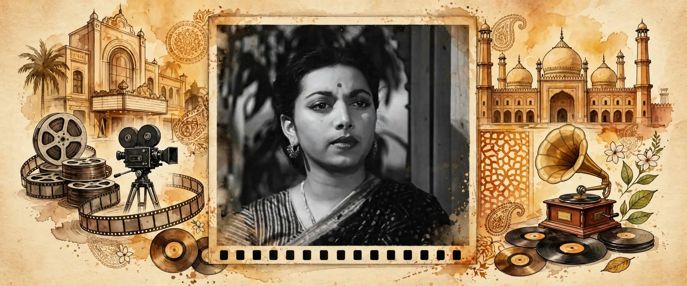 AI-generated editorial design for Jugti, incorporating original photograph of Suraiya from the film Dillagi (1949) (Public domain)
