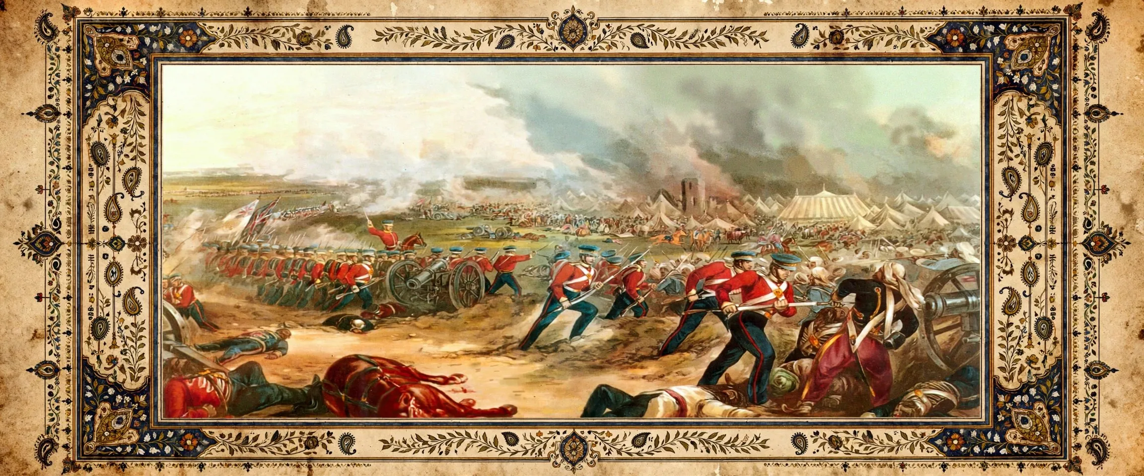 AI-generated editorial design for Jugti, incorporating original painting of the Battle of Ferozeshah by Henry Martens, after Major G. F. White (public domain)