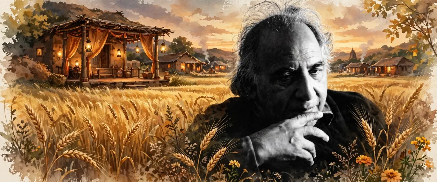 AI-generated editorial design for Jugti, incorporating original photograph of Balwant Gargi by Amarjit Chandan (CC BY 4.0)
