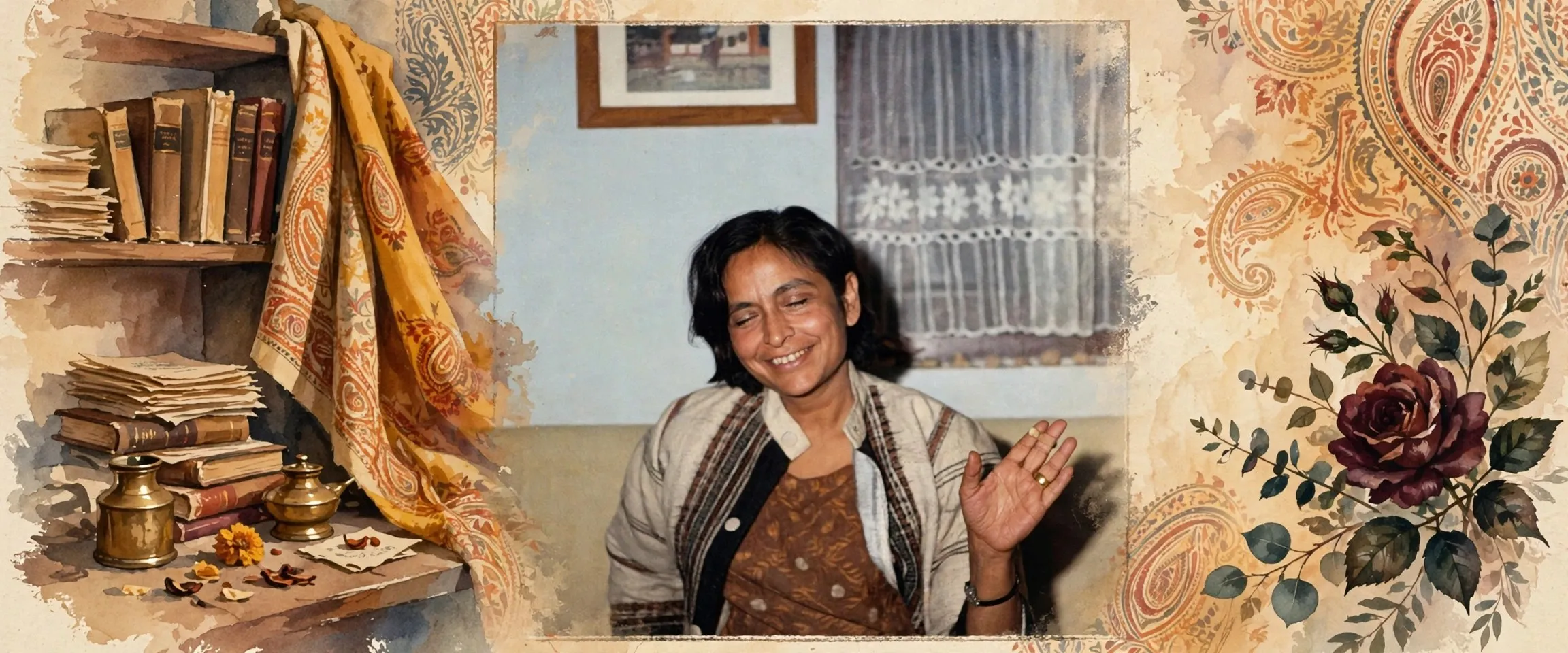 AI-generated editorial design for Jugti, incorporating original photograph of Amrita Pritam by Ravinder Ravi (CC BY-SA 4.0)