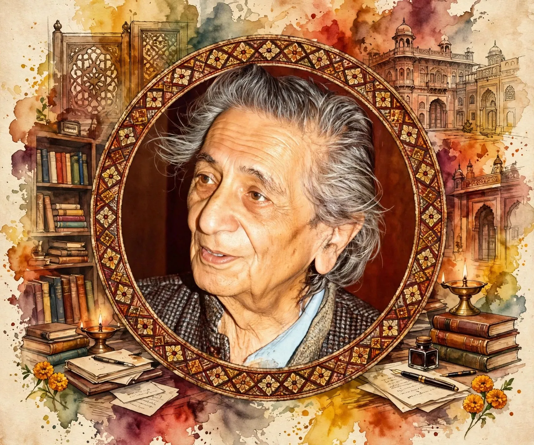 AI-generated editorial design for Jugti, incorporating original photograph of Bhisham Sahni by U.S. Library of Congress South Asian Literary Recordings Project (public domain)