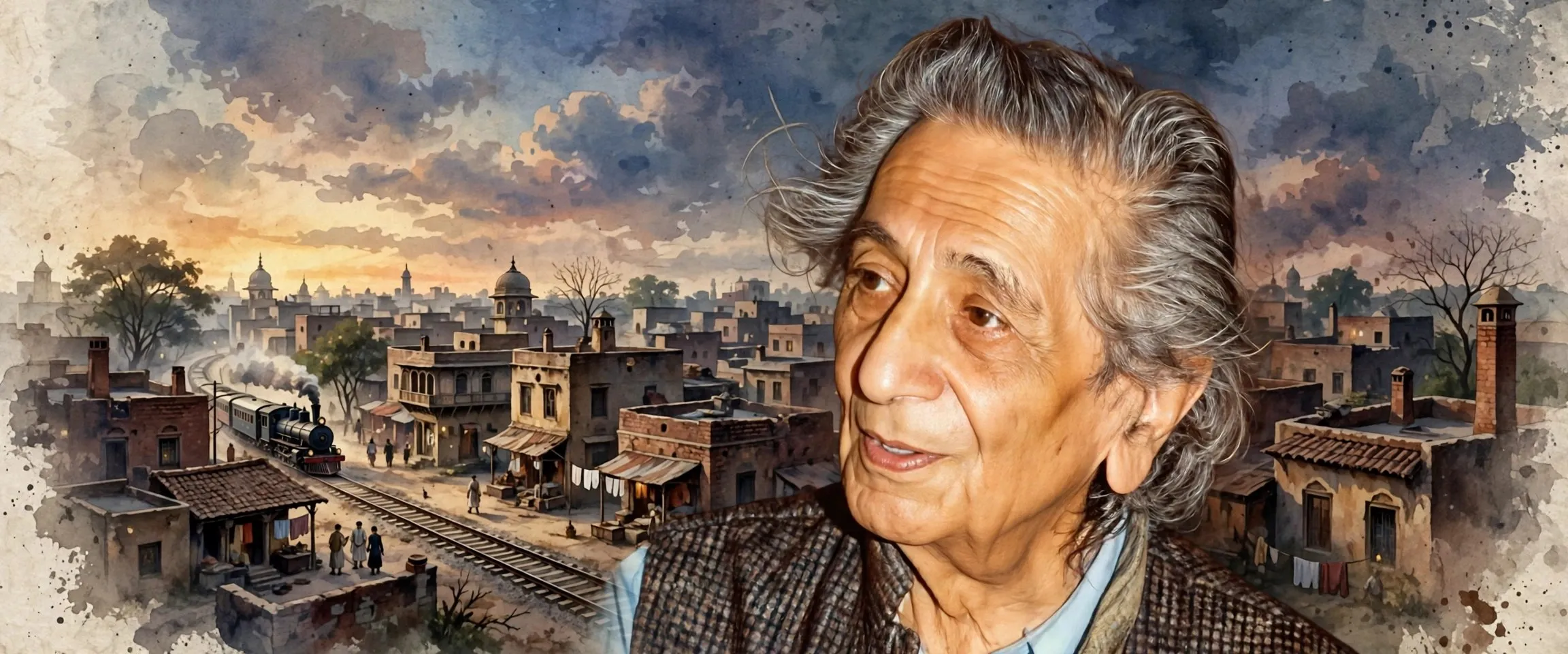 AI-generated editorial design for Jugti, incorporating original photograph of Bhisham Sahni by U.S. Library of Congress South Asian Literary Recordings Project (public domain)