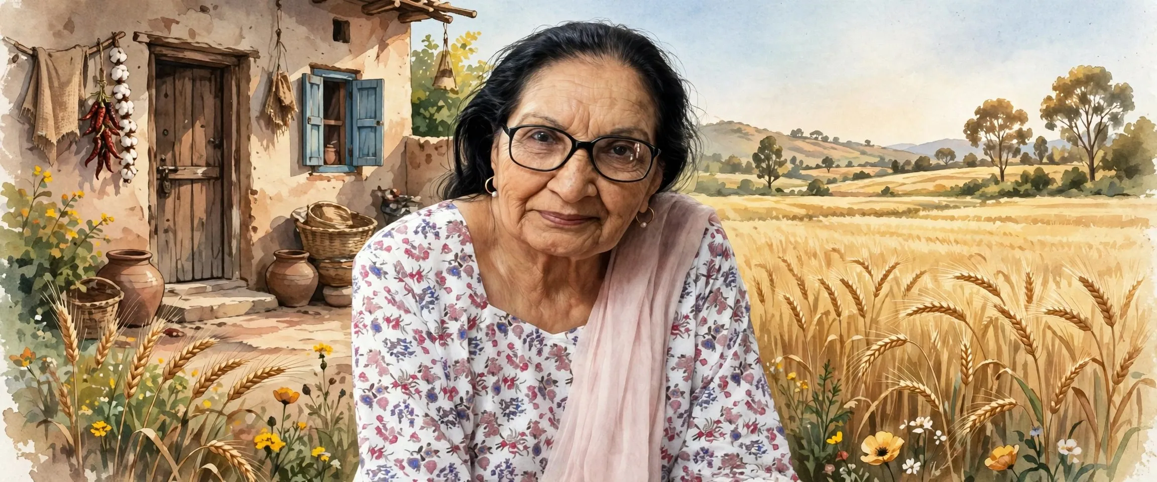 AI-generated editorial design for Jugti, incorporating original photograph of Dalip Kaur Tiwana by Satdeep Gill (CC BY-SA 3.0)