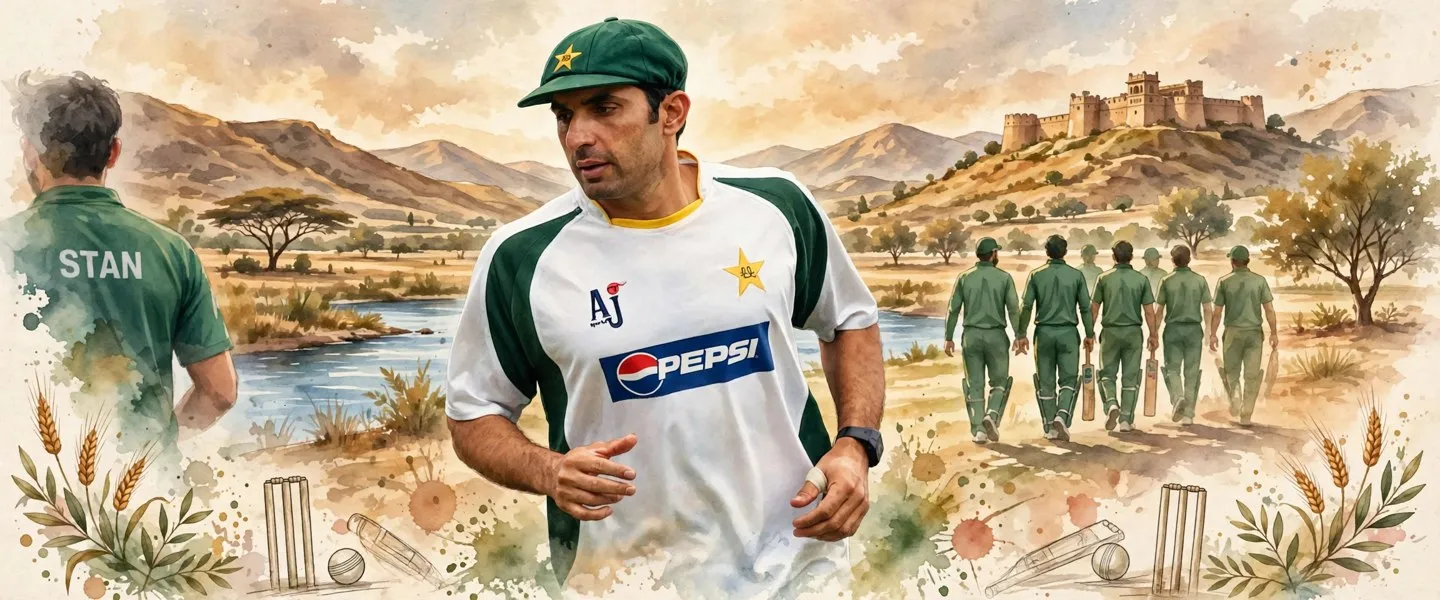 AI-generated editorial design for Jugti, incorporating original photograph of Misbah-ul-Haq by paddynapper (CC BY-SA 2.0)