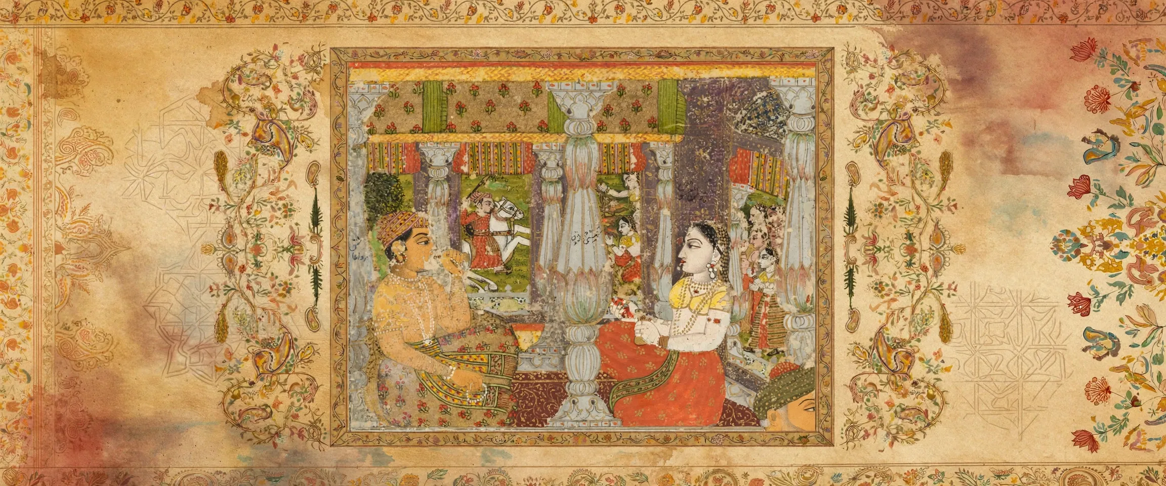 AI-generated editorial design for Jugti, incorporating original painting of Sassi and Punnu by Chitarman II, ca. 1735 (public domain)