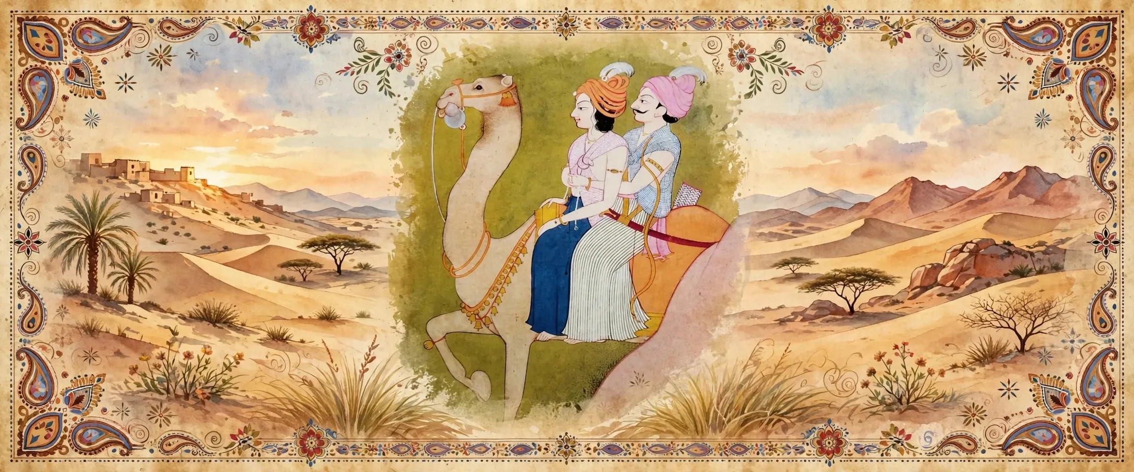 AI-generated editorial design for Jugti, incorporating original painting of Sassi Punnu on camel back by Prabhu, Punjab Hills, ca. 1780 (public domain)