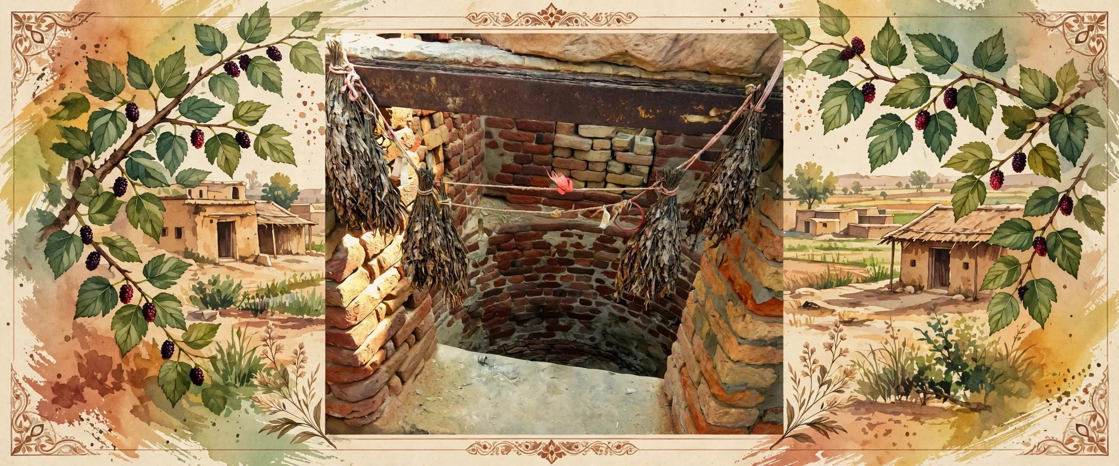 AI-generated editorial design for Jugti, incorporating original photograph of a village well at Bhutiwala, Punjab, by Shemaroo (CC BY-SA 3.0)