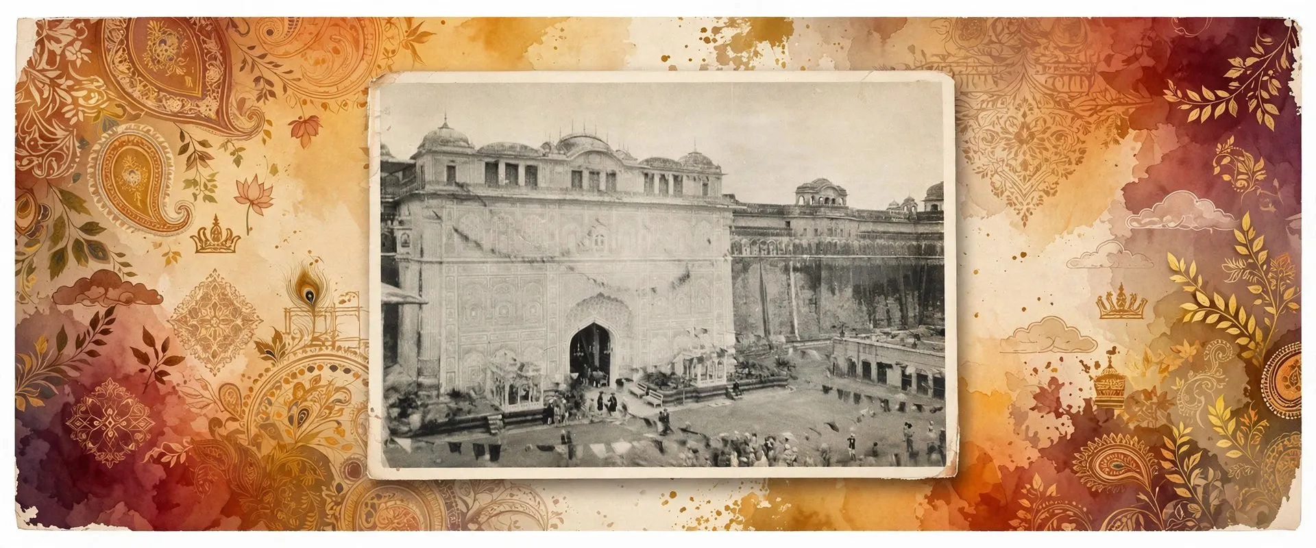 AI-generated editorial design for Jugti, incorporating original photograph of the entrance of Moti Bagh Palace, Patiala, from an album compiled by the wife of Dr. H.R. Hunter, ca. 1922-23 (public domain)