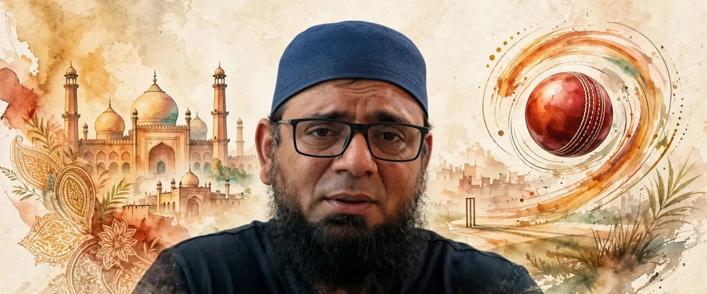 AI-generated editorial design for Jugti, incorporating original photograph of Saqlain Mushtaq by BBC News Urdu (CC BY 3.0)